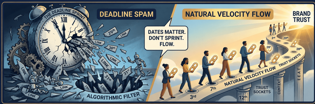 Infographic comparing "Deadline Spam" with robotic spikes vs "Natural Velocity" with human-driven link flow for brand authority building.