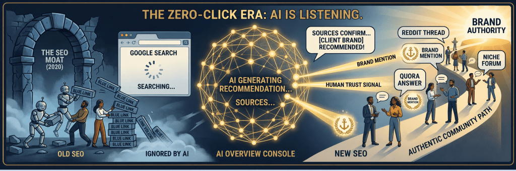 Infographic showing how AI Overviews prioritize organic human mentions from Reddit and Quora over traditional spammy backlinks.