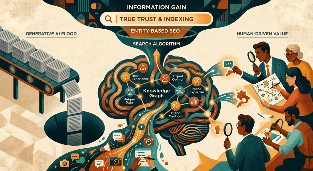 Infographic showing the flow of Information Gain and Entity-Based SEO vs AI-generated content flood